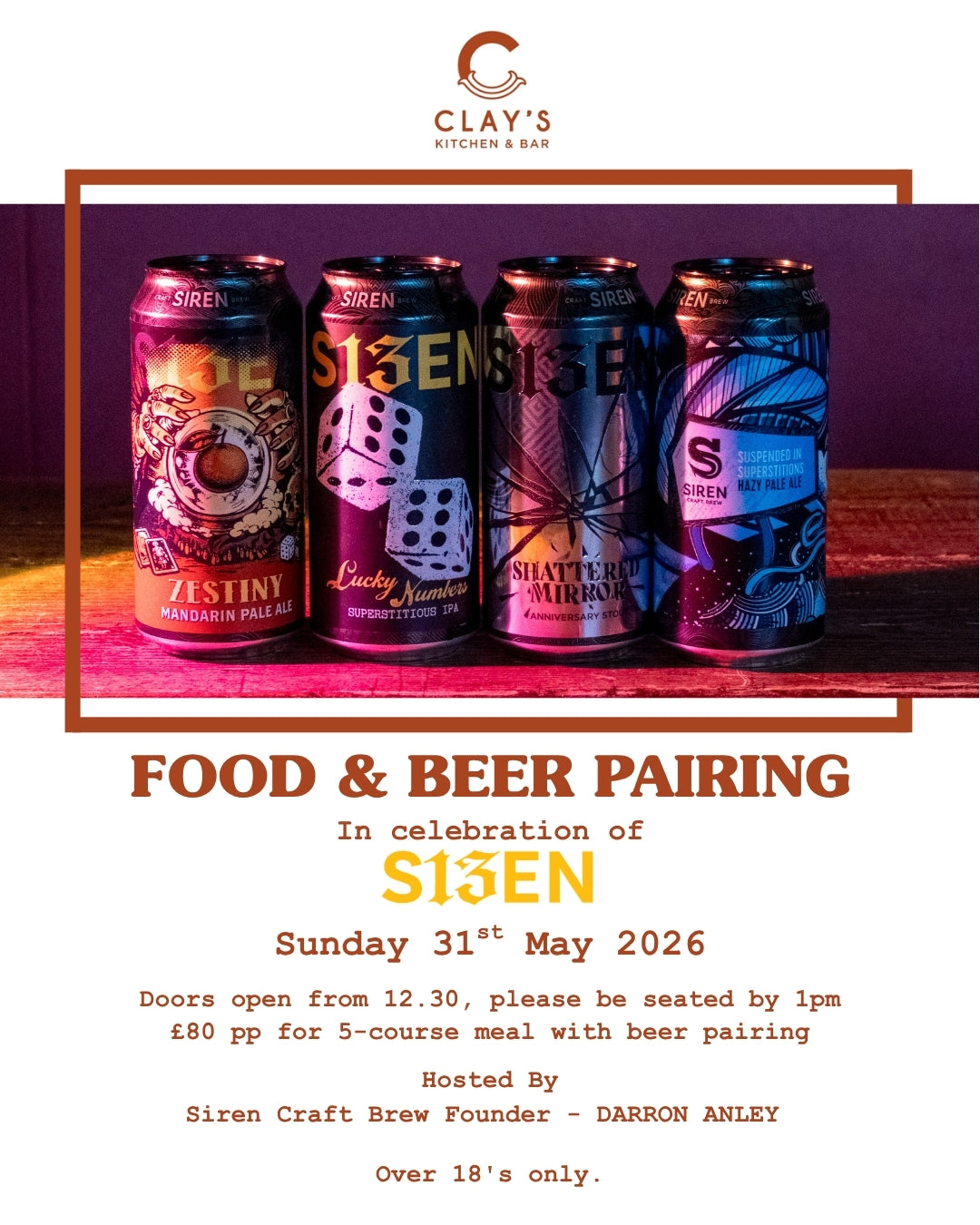 Clay's & Siren Craft Brew - Food & Beer pairing 31st May 2026